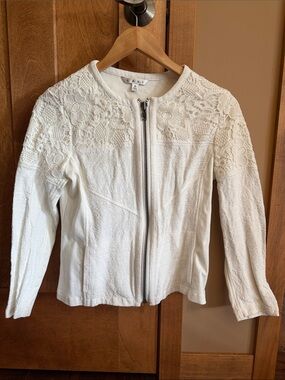 CAbi White Lace-Trim Zip Front Jacket